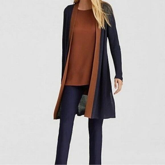 Eileen Fisher Womens Open Front Duster Cardigan Sweater Navy Brown Side Slits LP - Picture 2 of 9